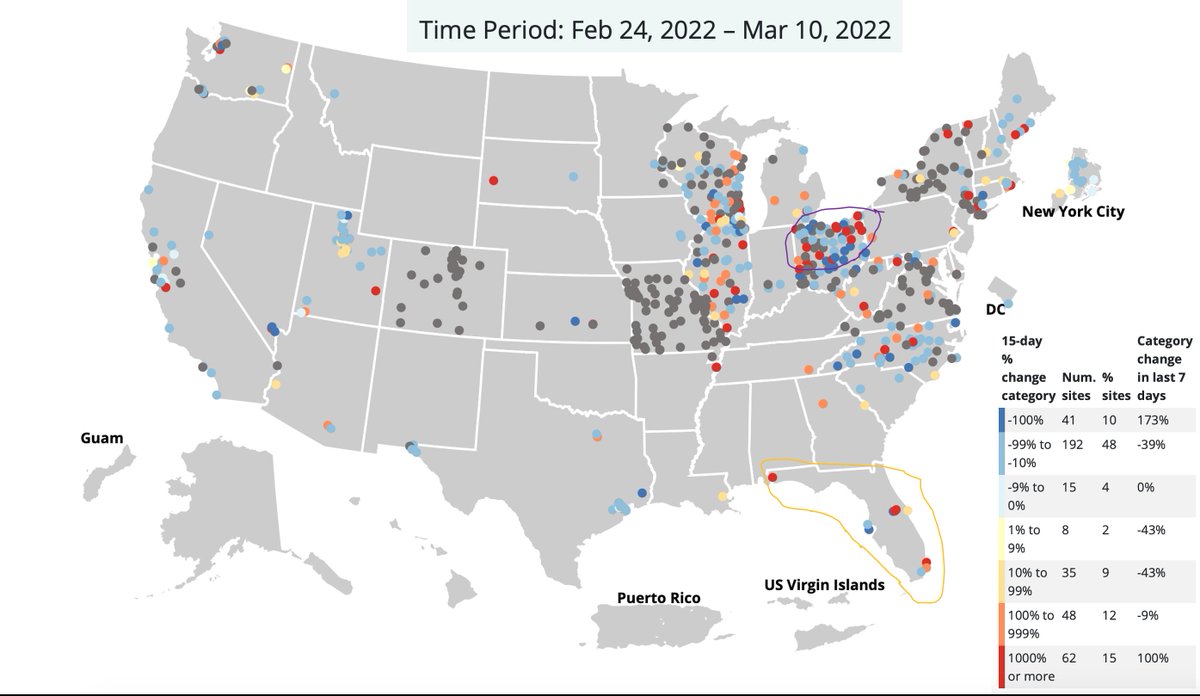 EricTopol's tweet photo. Wastewater surveillance of Covid is relatively sparse in the US, but 62 (15%) sites have a >1000% increase in viral RNA detected in the past 15-day period
https://t.co/bc8crKZDHu https://t.co/aOSmkR9C7E