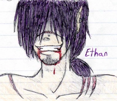 by 14 I finally had a scanner, but was drawing in lined notebooks???? instead of sketchbooks lmao also went full on into edgy OC phase. Fun fact: "Ethan" over there was originally the brother to the OC that eventually became Rue LOL 