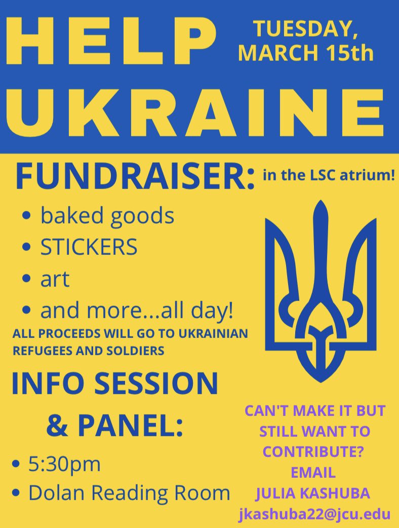 Bake and art sale Tuesday March 15th in the Student Center! All proceeds go to Ukrainian Refugees and Soldiers! Info panel and session at 5:30pm in the reading room! Please come out and support!