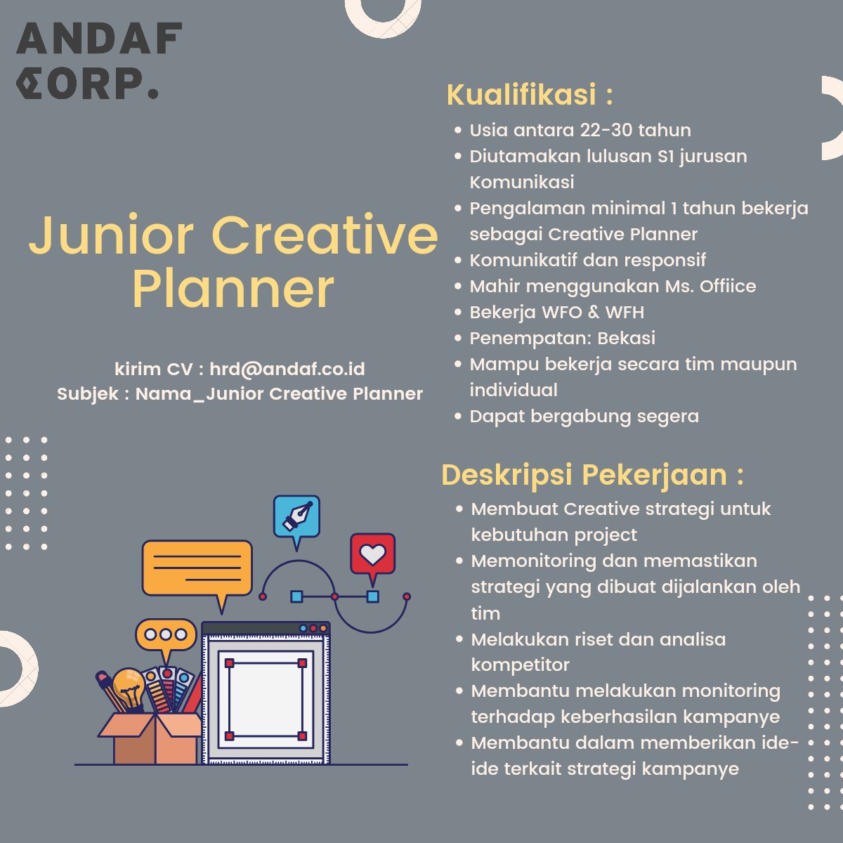 LowonganKami's tweet photo. #Hiring Junior Creative Planner - Bekasi 

Tolong diretweet ya kak @hrdbacot @mas_recruiter @apamungkasa @karirdotcom @LokerBekasiID @karirmuid @infokerjaID @KabarLoker @lokercot thank you kak

#HIRINGNOW #HiringAlert #lokercot #LokerPam #LokerMase #lokerupdate #InfoLoker #bekasi https://t.co/AlgSpYScqF