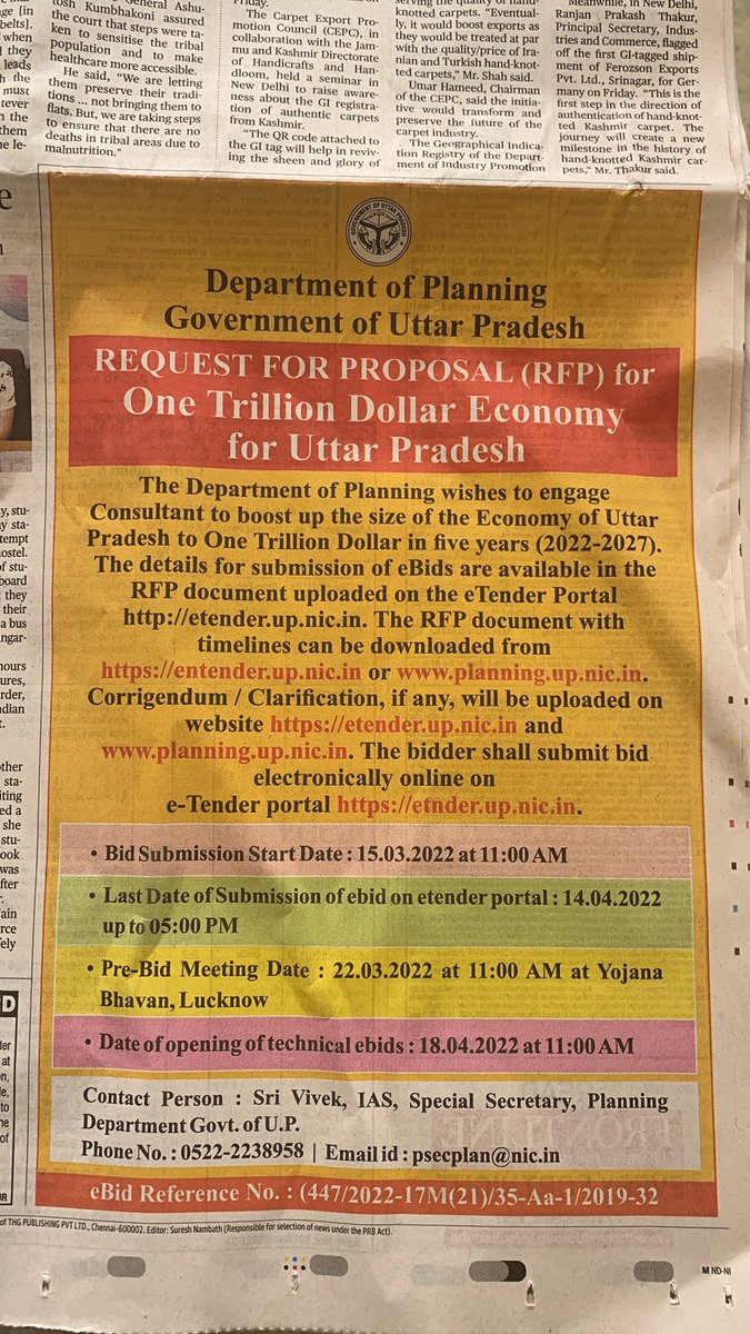 admosh88's tweet photo. There is a tender published today by Uttar Pradesh Gov for consultancy services to help build a USD 1 Trillion economy in the state. #elections #economy #India #politics https://t.co/Xz1SQQ3vt4