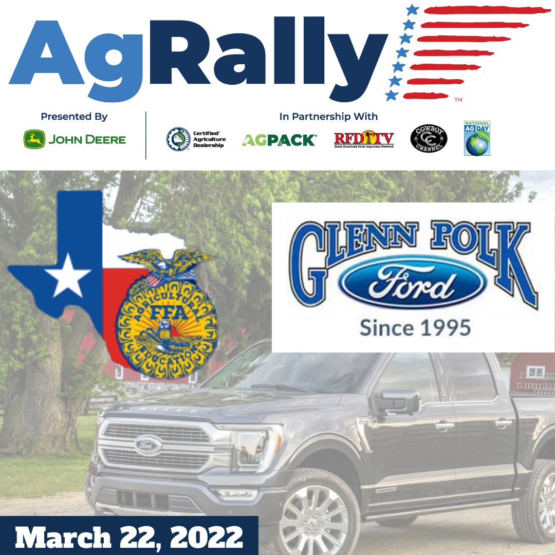 March 22nd there will be a special event right in the Ft. Worth Stockyards to celebrate AgRally and @agday that will include members of the @TexasFFA sponsored by @GlennPolkAuto!

Watch it all live on @OfficialRFDTV or on the RFD-TV Now App!

certifiedagdealer.com/agrally#events

#FarmShow