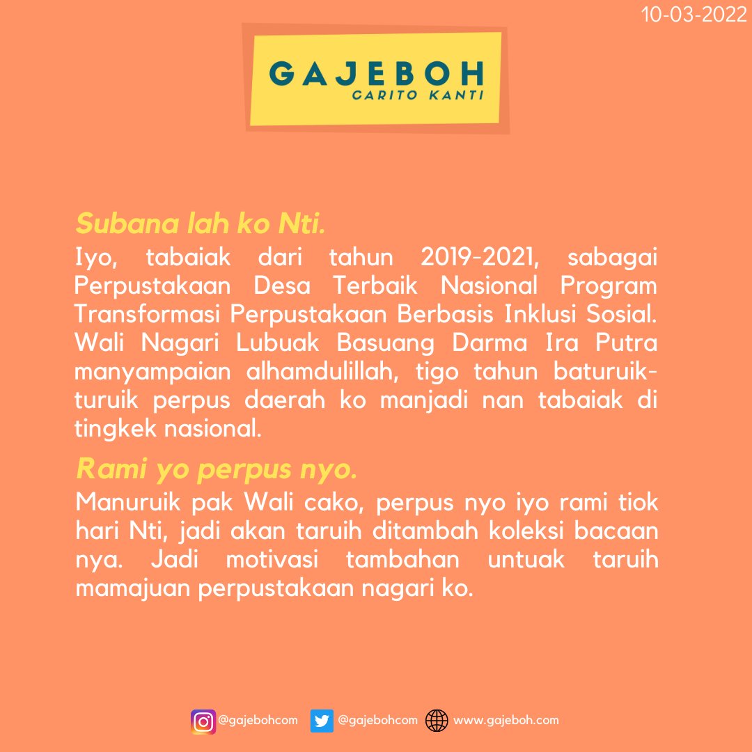 gajebohcom's tweet photo. Pustaka rancak, mambaco lamak, baisi utak. Itu lah nan ka dituju yo https://t.co/RK9s0Ej8CE
