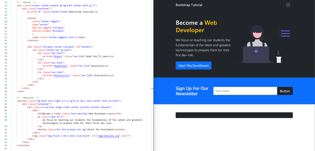 Kadprat2315's tweet photo. Days 43 & 44 of #100DaysOfCode
I finished the #Bootstrap3 tutorial in W3School. I learned about Filters, Grids and the Bootstrap Templates. Following the Build A Website using #Bootstrap5 crash course, I built the Navbar, Showcase, and Newsletter sections. https://t.co/pT88vGn67l