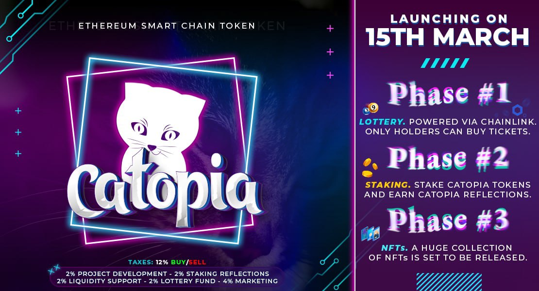 CatopiaToken's tweet photo. Less than 24 hours to go now for the launch of #Catopia token! An #ethereum project by the @Babyshibatoken
team, it has a lottery powered by #chainlink, a staking platform as well as NFTs to come!

ETH giveaways during AMA at 3pm EST before launch!

#Cats #Uniswap #Lottery #NFTs https://t.co/YRhn8INdZw