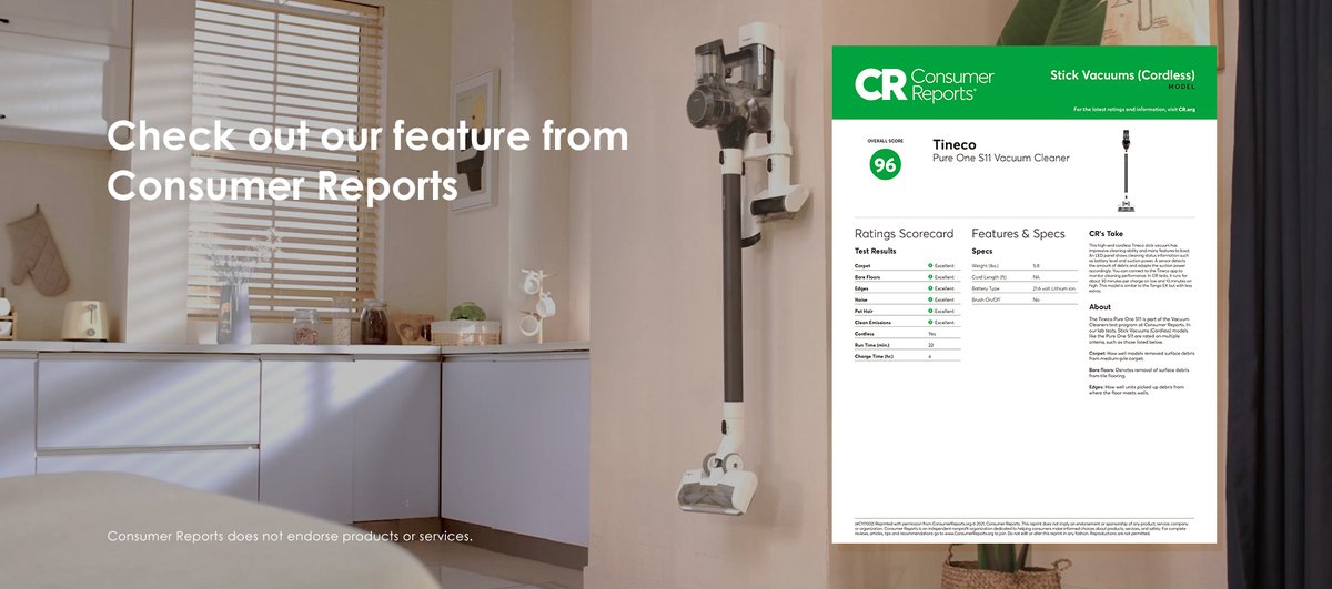tinecoglobal's tweet photo. How does the PURE ONE S11 smart cordless vacuum cleaner actually perform? @ConsumerReports weighs in with an overall score of 96!
Check the details here: https://t.co/t6HjCDTpm7

#ConsumerReports #Tineco #SmartHome #PureOneS11 https://t.co/C9TuBjDvek