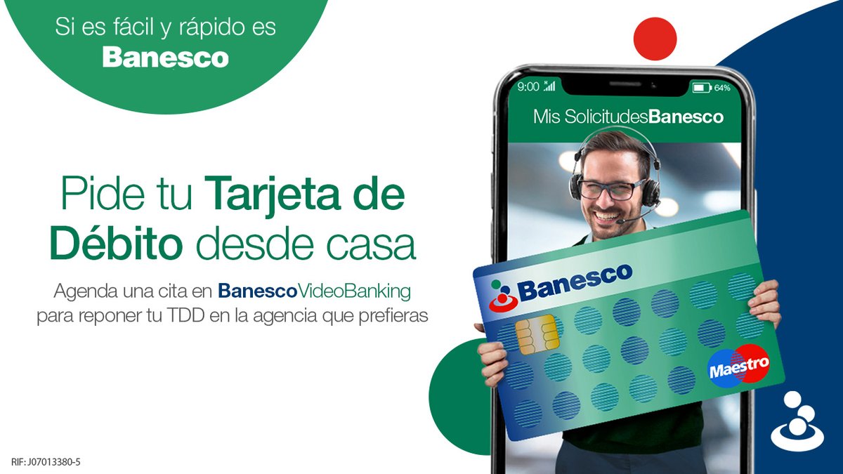 Banesco's tweet photo. ¡Gana tiempo! Pide la reposición de tu Tarjeta de Débito 💳 por #BanescoVideoBanking y solo acude a la agencia a retirarla.

¿Conoces cómo solicitar tu cita? 👉 https://t.co/Xq7OdImXwD

#BanescoContigo #TDD https://t.co/SpHBRhSRVR