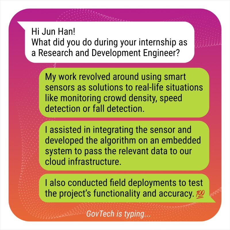 GovTechSG's tweet photo. 👨🏻💻 “I had an eye-opening internship at GovTech, which led me to become interested in web application development and utilising embedded systems for machine learning” - Jun Han, former R&D Engineer intern at GovTech.
#GovTechIntern #PeopleOfGovTech #TechForPublicGood #GovTechSG