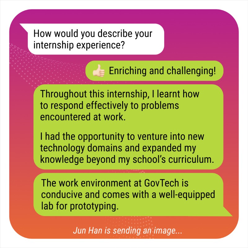 GovTechSG's tweet photo. 👨🏻💻 “I had an eye-opening internship at GovTech, which led me to become interested in web application development and utilising embedded systems for machine learning” - Jun Han, former R&D Engineer intern at GovTech.
#GovTechIntern #PeopleOfGovTech #TechForPublicGood #GovTechSG