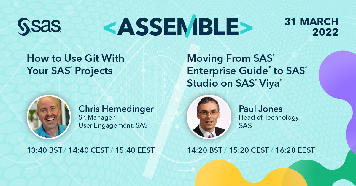 3dlayop's tweet photo. Check out these #SASAssemble Sessions on March 31st; How to use Git with your SAS projects, and Moving from SAS Enterprise Guide to SAS Studio on Viya! This 3-hour virtual event is free of charge, and all sessions in English #sasanalyticsexplorers #SAS https://t.co/SGXqBuvApf https://t.co/VPY5ljr3dg