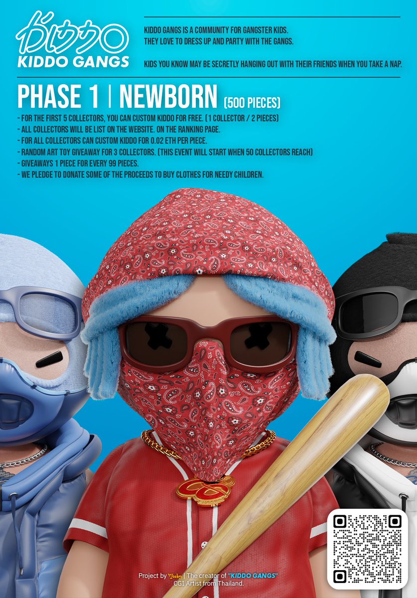 tooby_gg's tweet photo. KIDDO GANGS 🥷🏾🍼
Phase 1 | Newborn (500 pieces)

- For first 5 collectors, Can custom for free 2 pieces per person.
- We pledge to donate some of the proceeds to buy clothes for needy children.
- And more!

https://t.co/5g8FkN55SE

#NFTCommunity #nfts #NFTTHAILAND #NFTJapan #NFT https://t.co/YVkvPXUylq