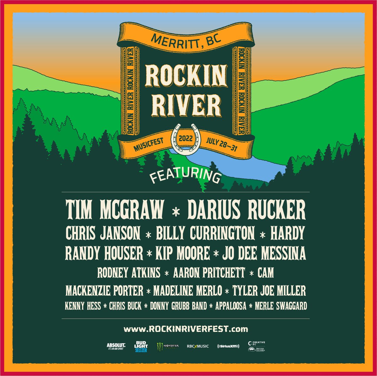 Your Rockin River 2022 lineup is here!🎉 <a href="/TheTimMcGraw/">Tim McGraw</a>, <a href="/dariusrucker/">Darius Rucker</a>, <a href="/janson_chris/">Chris Janson</a>, @BillyCurrington, <a href="/HardyMusic/">HARDY</a>, <a href="/RandyHouser/">Randy Houser</a>, <a href="/KipMooreMusic/">Kip Moore</a>, <a href="/jodeemessina/">Jo Dee Messina</a>, and more will join us on July 28-31 in beautiful Merritt, BC. Tickets on sale THURSDAY @ 10am (PST)!