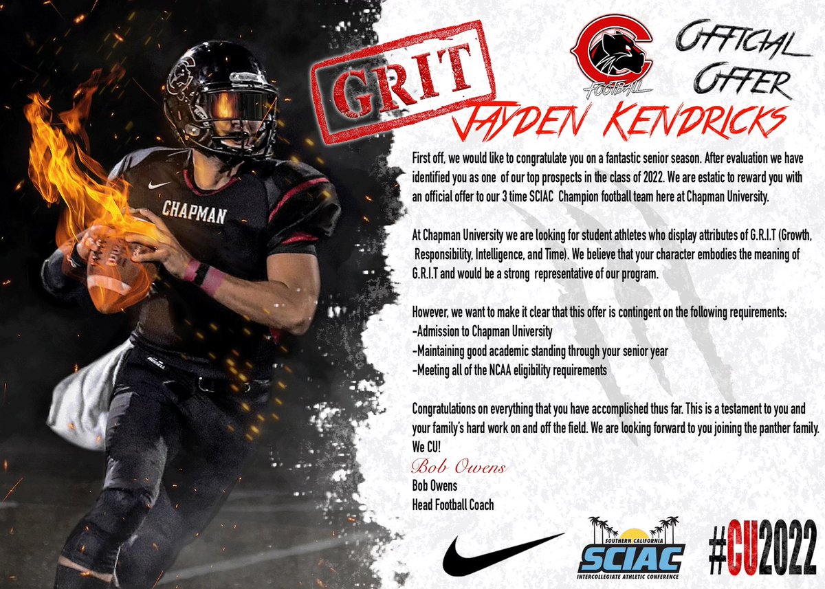 Jayden Kendricks (@jaydenken10_) on Twitter photo After a great conversation with <a href="/augustinoadams/">Augustino Adams</a> I’m blessed to receive an offer from Chapman University 🙏🏽 <a href="/Chapman_Fb/">Chapman University Football</a>
<a href="/eastlaketitanFB/">Eastlake Titans Football</a> After a great conversation with <a href="/augustinoadams/">Augustino Adams</a> I’m blessed to receive an offer from Chapman University 🙏🏽 <a href="/Chapman_Fb/">Chapman University Football</a>
<a href="/eastlaketitanFB/">Eastlake Titans Football</a>