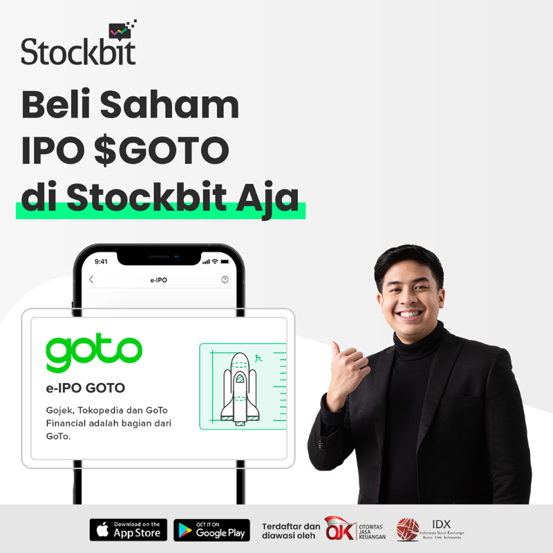 Stockbit's tweet photo. Kalian mau jadi pemilik $GOTO tapi bingung gimana caranya? Weitss di Stockbit sekarang udah bisa lho pesan langsung e-IPO tanpa ribet! Yuk, download dan buat akun saham kalian di Stockbit sekarang!