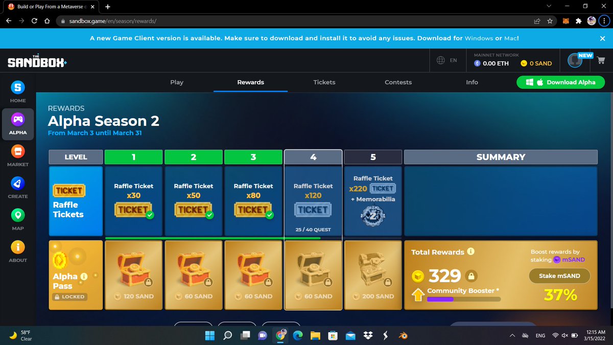 osswl's tweet photo. @TheSandboxGame IM ON THE WAY!!! I just participated in the daily #SandboxAlphaS2Contest for a chance to earn up to 1,000 $SAND! Starting March 14 -  Show your Raffle Tickets. Check out my screenshot below! 👇 #SandboxAlphaS2 https://t.co/RX2rr0qrHj
