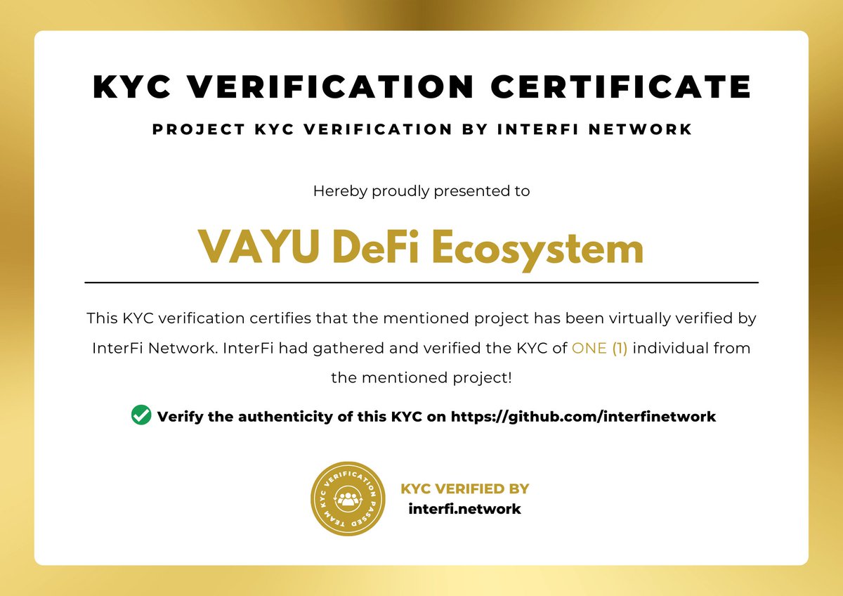 InterFiNetwork's tweet photo. InterFi Network has completed KYC Verification of
@VAYUDeFi (VAYU DeFi Ecosystem)
View KYC Report: https://t.co/0FiNxbN1n3
Request smart contract audit or KYC verification:
@InterFiNetwork
#KYC #interfinetwork https://t.co/Cah3j1kCbR