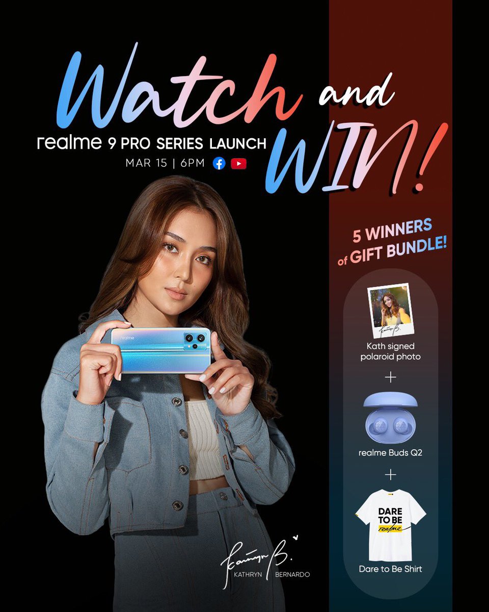 Watch the realme 9 Pro Series livestream on March 15, 6PM and get a chance to win a signed polaroid by Kathryn! 

Mechanics are in this link bit.ly/realmeKathrynS…

<a href="/bernardokath/">KATH 🐘</a> #realmeXKathryn