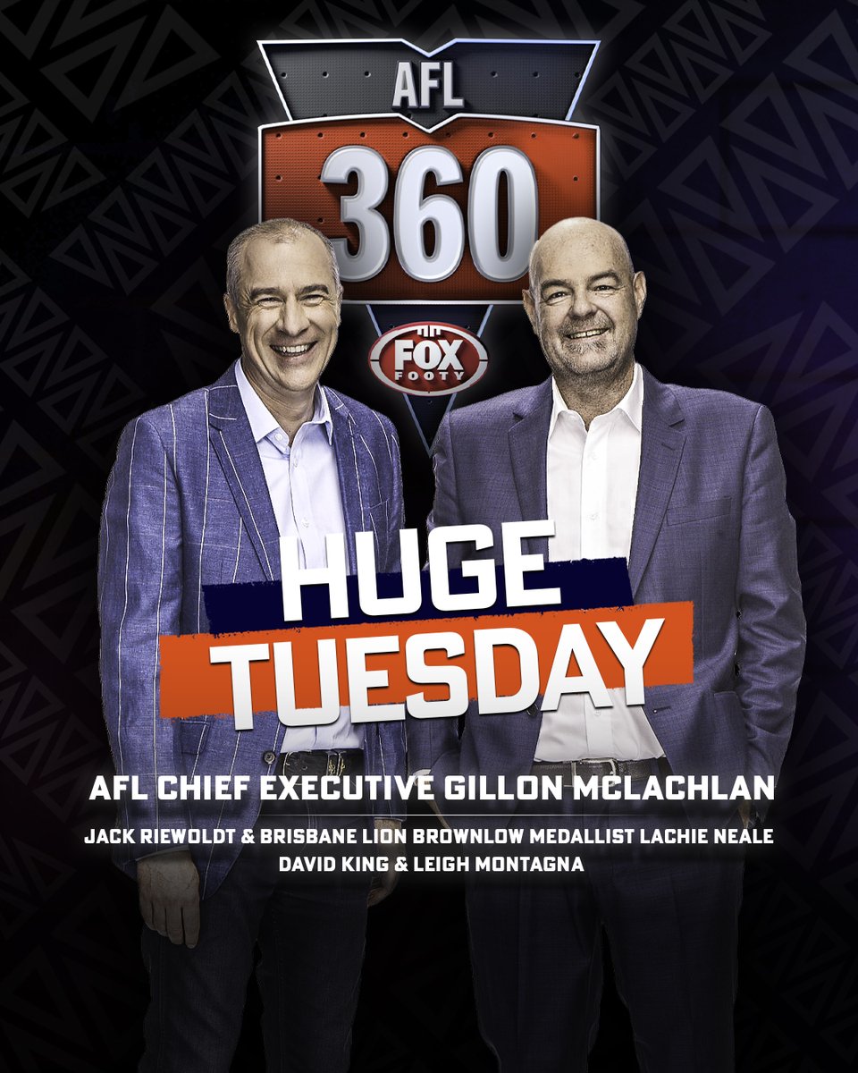 FOXFOOTY's tweet photo. HUGE NIGHT on #AFL360 🔥
AFL Chief Executive GILLON McLACHLAN is at the desk ahead of Wednesday’s season opener between the Demons & Dogs AND MORE!
📺 Watch it all on @foxtel CH504 or stream on @kayosports
⏰ Tonight from 7:30 pm AEDT https://t.co/Er1gUtnWTz