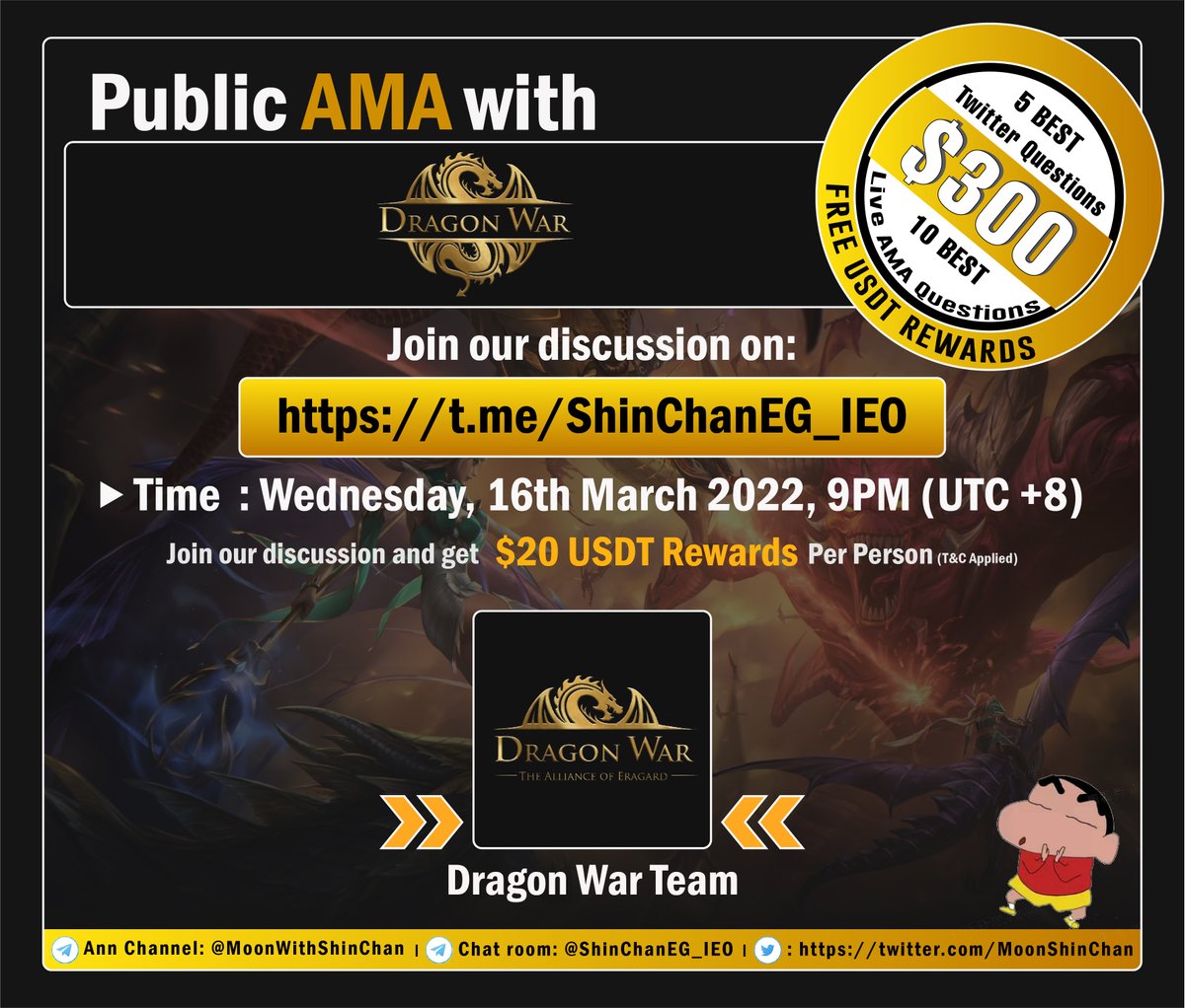 MoonShinchan's tweet photo. ‼️ Announcing an official Public AMA with @io_dragonwar giving out $300 USDT Rewards on Wednesday, 16th March 🎁 

👉 Join us at TG:  https://t.co/106OJDt1ke
🔜 Timer: https://t.co/titQ8S9nnK

Like, RT, Tag 3 people &amp; ask your question, 5 Best Qs will be selected by Team https://t.co/mdGg69X8Mt