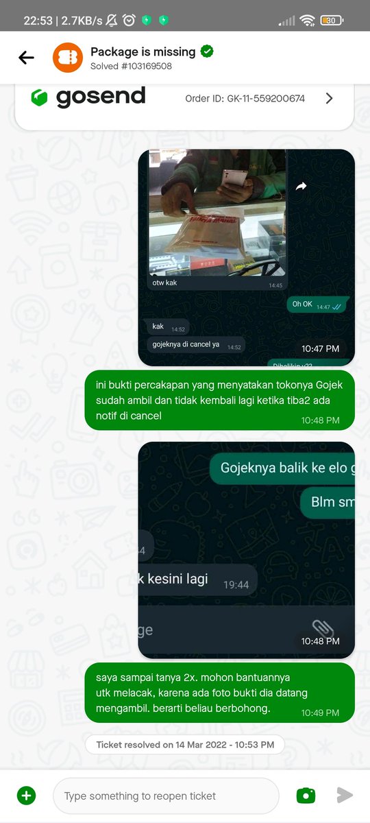 TweetWani's tweet photo. Hai @gojekindonesia kmrn sy order GoSend instant &amp; smp skrg blm terima package saya. I've phoned ur helpline, sent proofs &amp; still nothing? Ur driver lied &amp; now am being ignored? Stop claiming that my tickets is resolved, IT'S NOT. @TataTrianti RT please https://t.co/VlIQo0vSp4