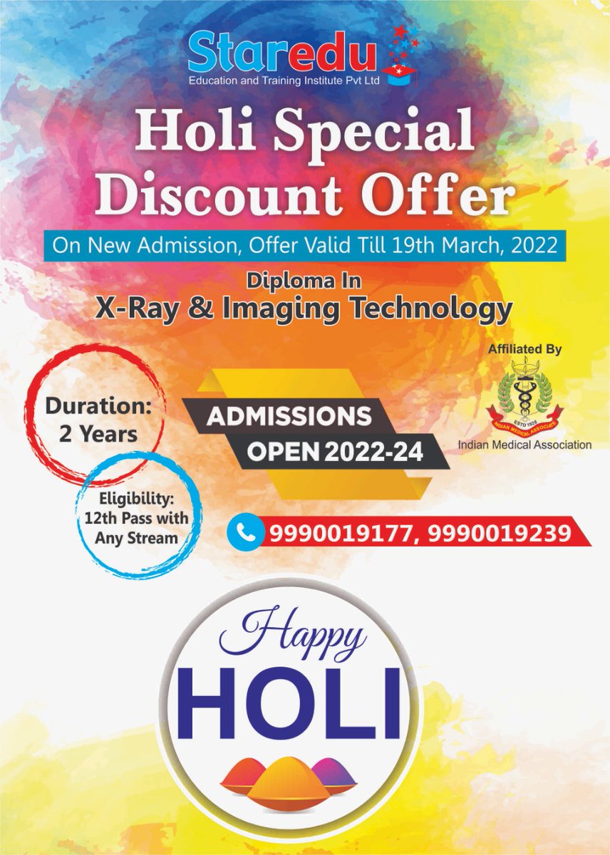 StarEduOfficial's tweet photo. Presenting our Special Discount Offerπ’
On the occasion of *Holi*.π¨
Get Flat βΉ5000 Off On New Admission.
Apply For Diploma In X-Ray & Technology Course From #StarEdu After 12th.
Offer Valid Till 19th March, 2022
For More Info, Contact Us
β9990019239
#DXIT #StarEduEducation https://t.co/F6C1LGaAox