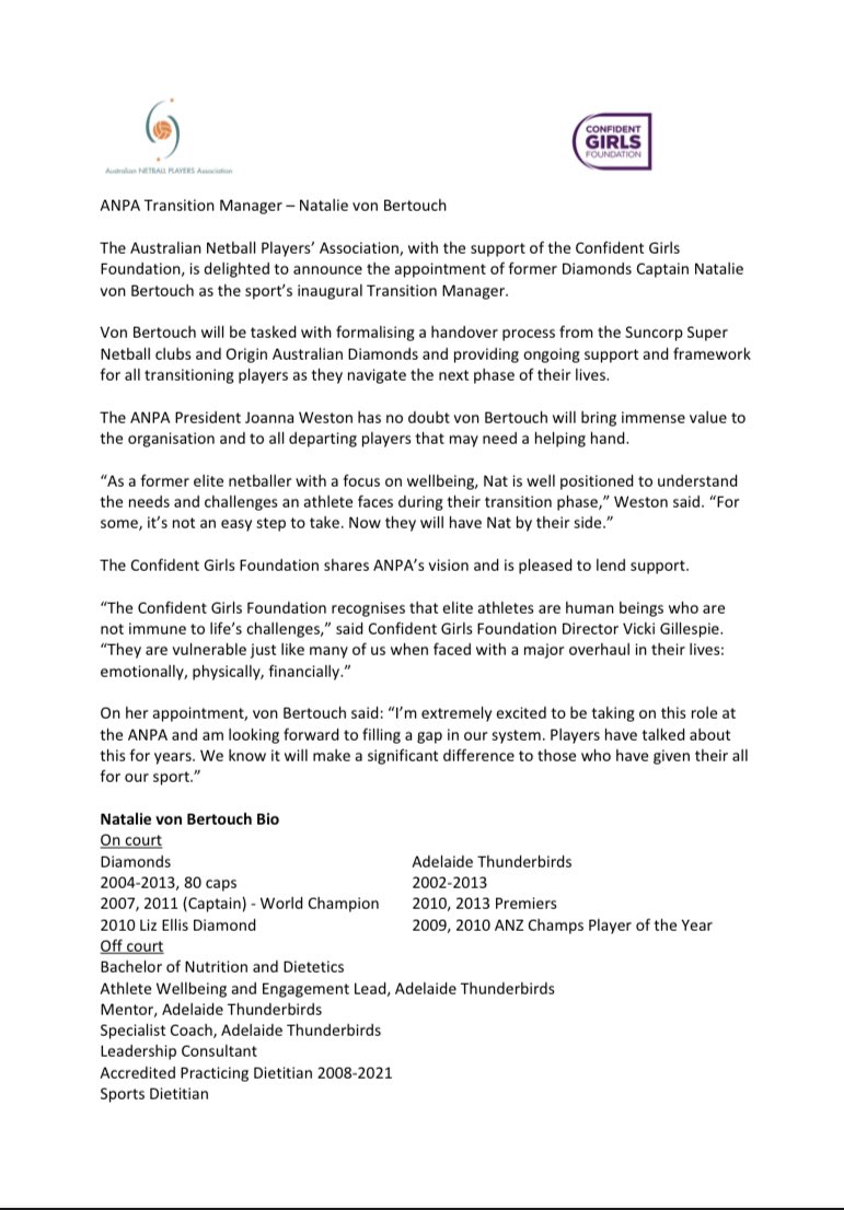 Exciting news for the <a href="/AusNetballPA/">ANPA</a> with ex Diamond Nat von Bertouch coming onboard as the sports first Transition Manager. I couldn’t imagine anyone better to help athletes navigate the post netball life. 
Our sport is moving in the right direction thanks to <a href="/ConfidentGirls/">Confident Girls</a>