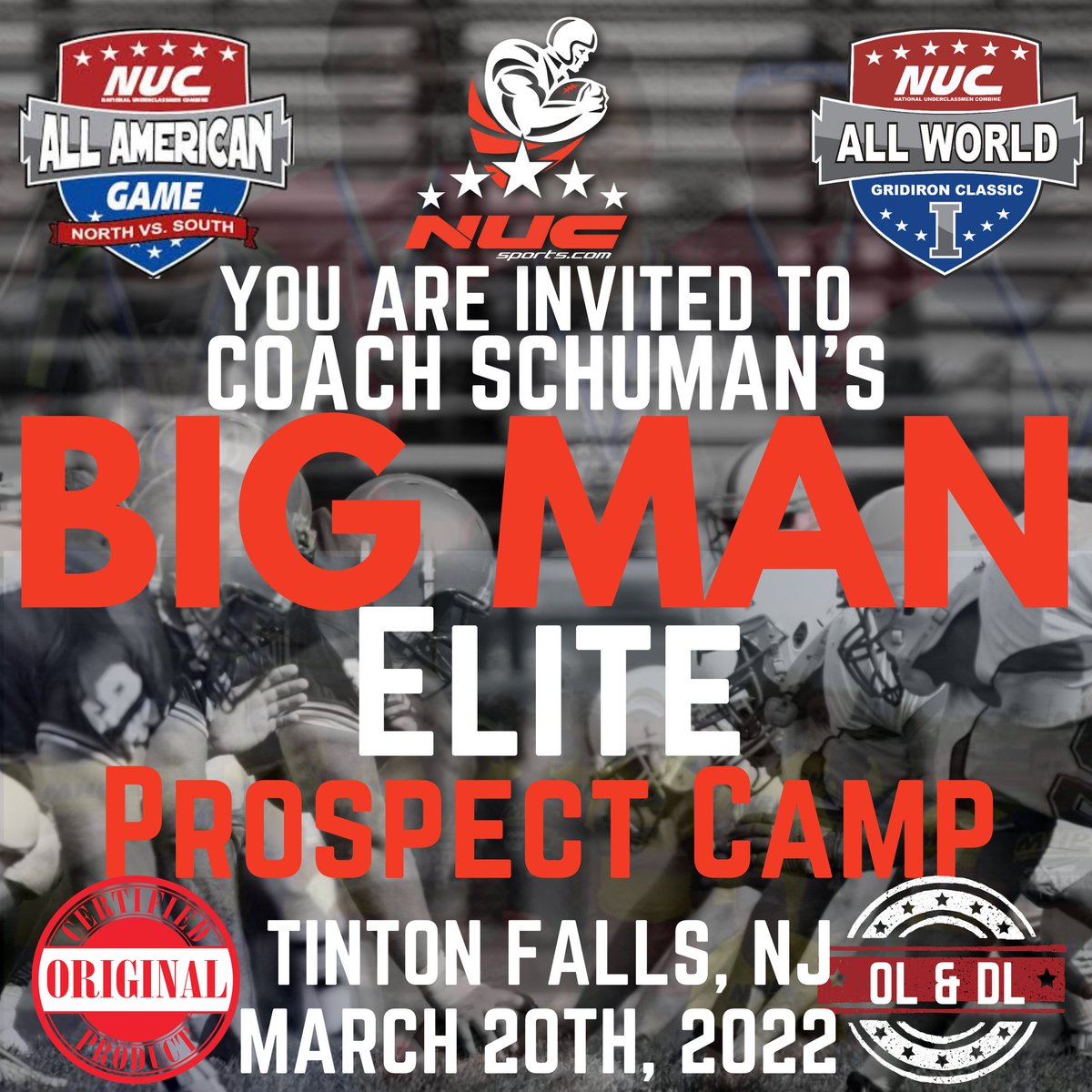 @PaxtonGeorge2 You Are Invited to ￼Coach Schuman's East Big Man Elite Prospect Showdown, March 20th, 2022 in Tinton Falls, NJ Register at Myfootballcamps.com. use code football22 for 50% off when registering