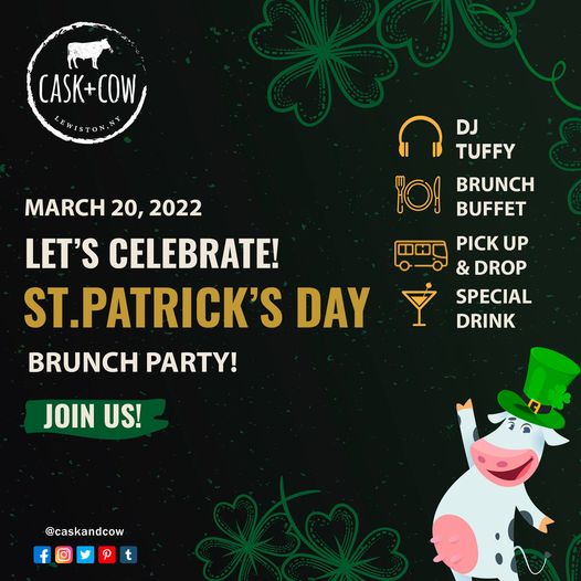 Join us SUNDAY MARCH 20th for our St. Patrick’s Day Brunch Party!!!! 🍀🎉🎊
Open at 11am 🕚
Featuring DJ Tuffy 🎼🎶
We will only be offering a Brunch Buffet 
Drink specials🥂
▪️ $12 Bottomless Mimosa
▪️ $4 Bud Light Aluminum Bottles
▪️$5 Guiness Pints
▪️$6 Car Bombs
