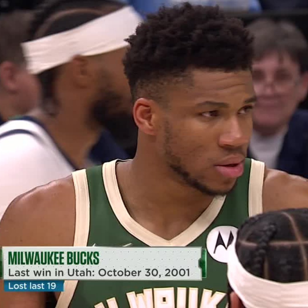 espn's tweet photo. The Bucks snap a 19-GAME losing streak in Utah dating back to 2001 😳 https://t.co/pFALpi1MnF