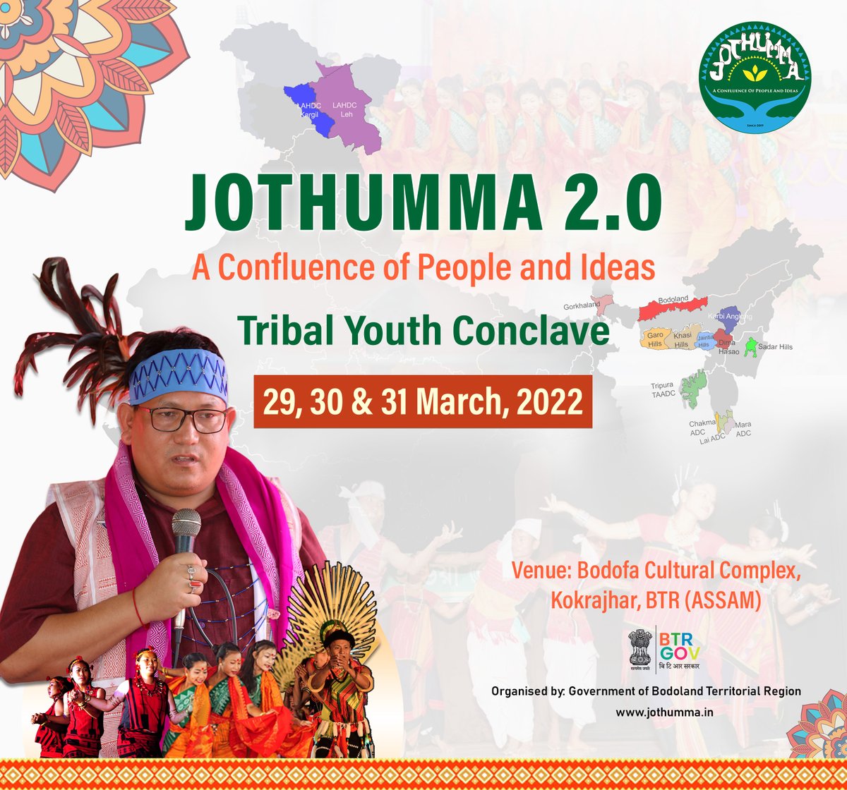 jothumma's tweet photo. The much-awaited Jothumma 2.0 is scheduled to be held from 29th to 31st March 2022. Tribal Youth Conclave, A gathering of youth coming from diverse backgrounds with their diverse thoughts, is a platform for the youth to embrace, learn, exchange, and express their ideas. https://t.co/qufERwUKNn