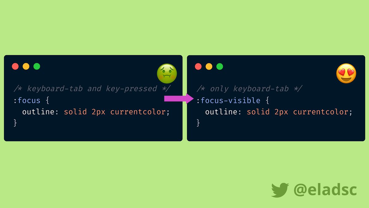 eladsc's tweet photo. 🤩 #CSS Game Changer

There have been many wars between Web Developers and Web Designers on keeping the noticeable ':focus'.

Finally, all browsers are supported the new ':focus-visible' pseudo-class, which works only with the keyboard tab!

@CodePen:
https://t.co/dnCGlypAsF https://t.co/VQRrUpdOpA