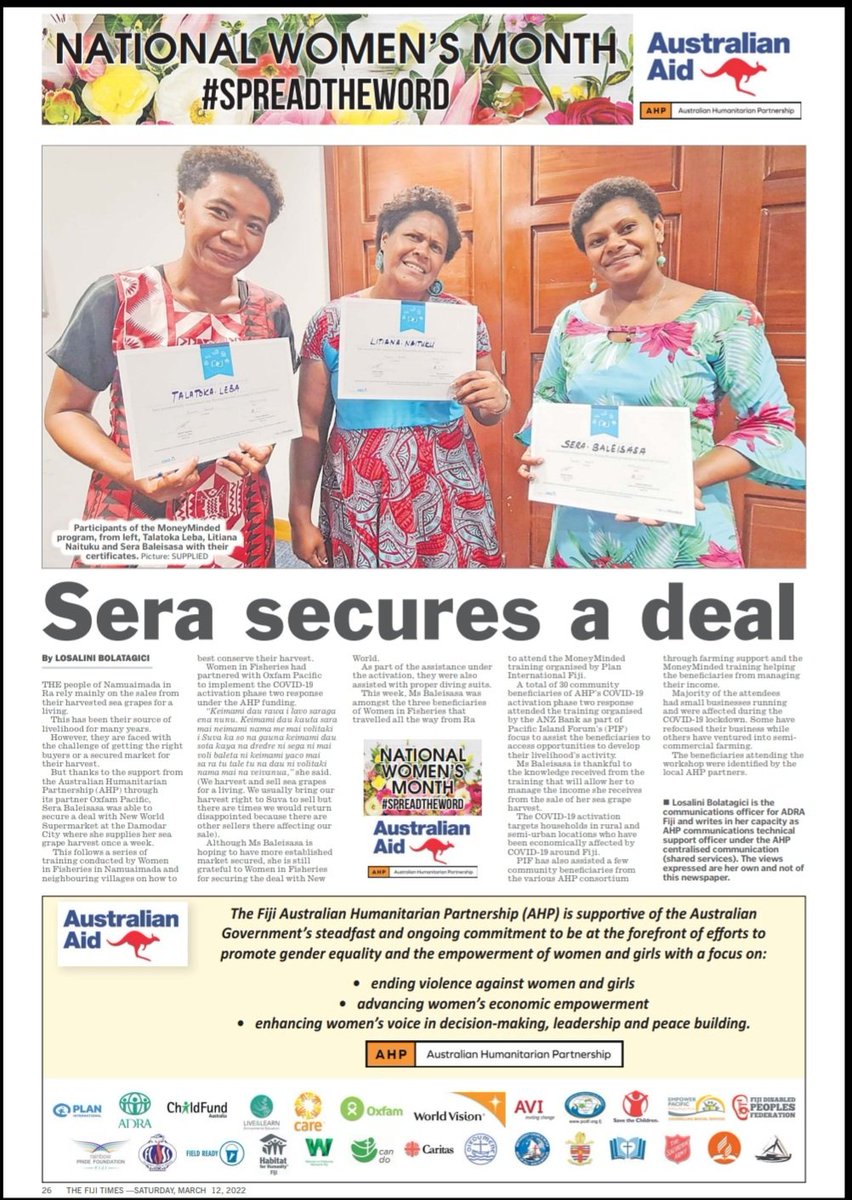 AustralianFiji's tweet photo. Impact story on #AusAid COVID-19 response - implementation by @oxfampacific &amp; @WiFN_Fiji as part of @AusHPship C19 Activation Response published in @fijitimes. Read more ⬇️
https://t.co/jzw17zMafL https://t.co/Crr8qG6DeG