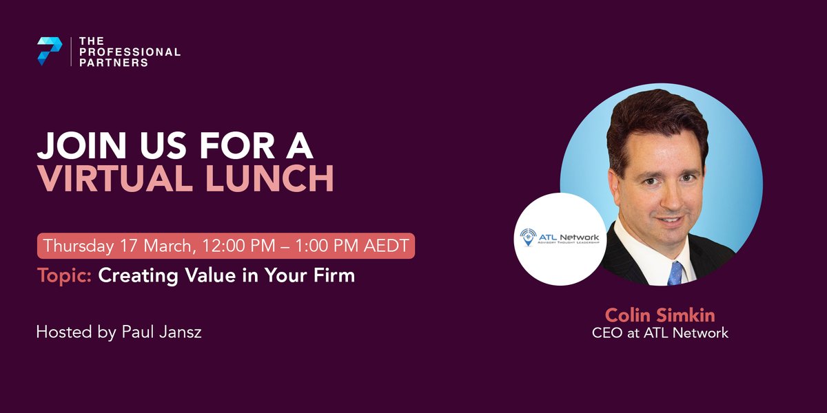 TPPFirm's tweet photo. RSVP: https://t.co/zFDeKwSsqN. Join us this Thursday from 12pm AEDT, as @paulrjansz chats to @ColinSimkin about selling a firm for $1.40, in the dollar and preparing a firm for the maximum return on investment.
#success #experience #share #virtuallunch #webinarseries #webinar https://t.co/PyJ6CpHhTQ