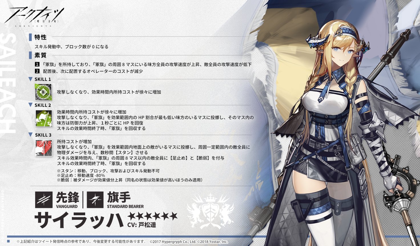 アークナイツ公式 オペレーター紹介 サイラッハ Cv 戸松遥 ヴィクトリア出身の元儀仗兵 誰にもフレンドリーに接し 愛情が深い 美意識が高く 髪のケアについて知りたいことがあれば彼女に聞くといい 想像したことある 友も故郷も 二度と
