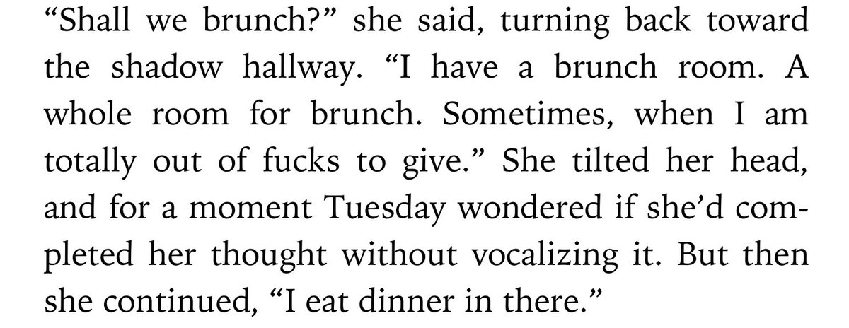tclaybuck's tweet image. I don’t remember which one of you #ProspectDevelopment pros suggested reading “Tuesday Mooney Talks To Ghosts” but it’s delightful. (Thanks @kateracculia for crafting this wonderfulness!) This passage is perfection &amp;amp; one day I want to be this unbothered.