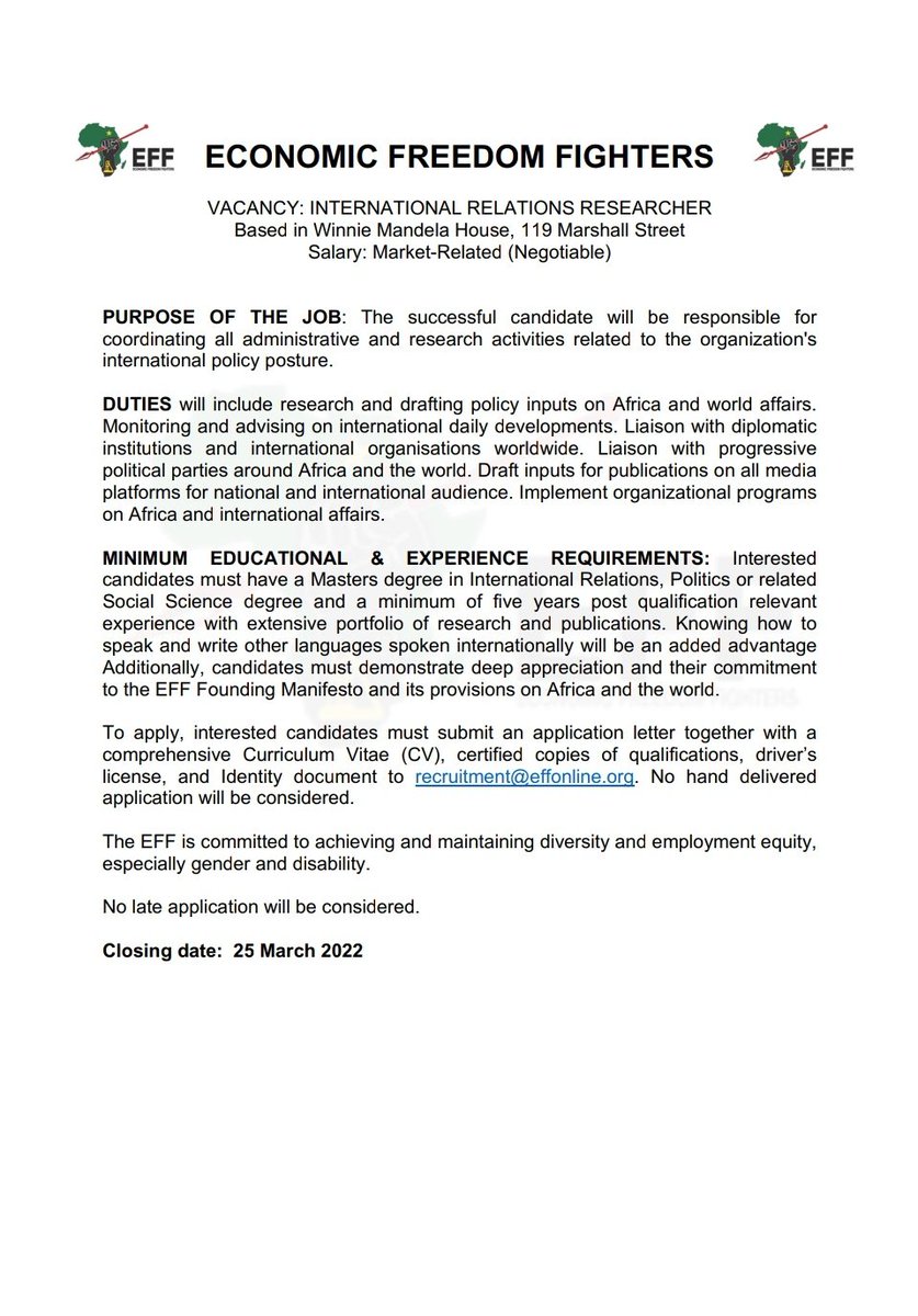 EFFSouthAfrica's tweet photo. YOU CAN STILL APPLY! 

The EFF is looking for an International Relations Researcher.

If this is you, apply NOW! #EFFJobs https://t.co/bgD6voctpF