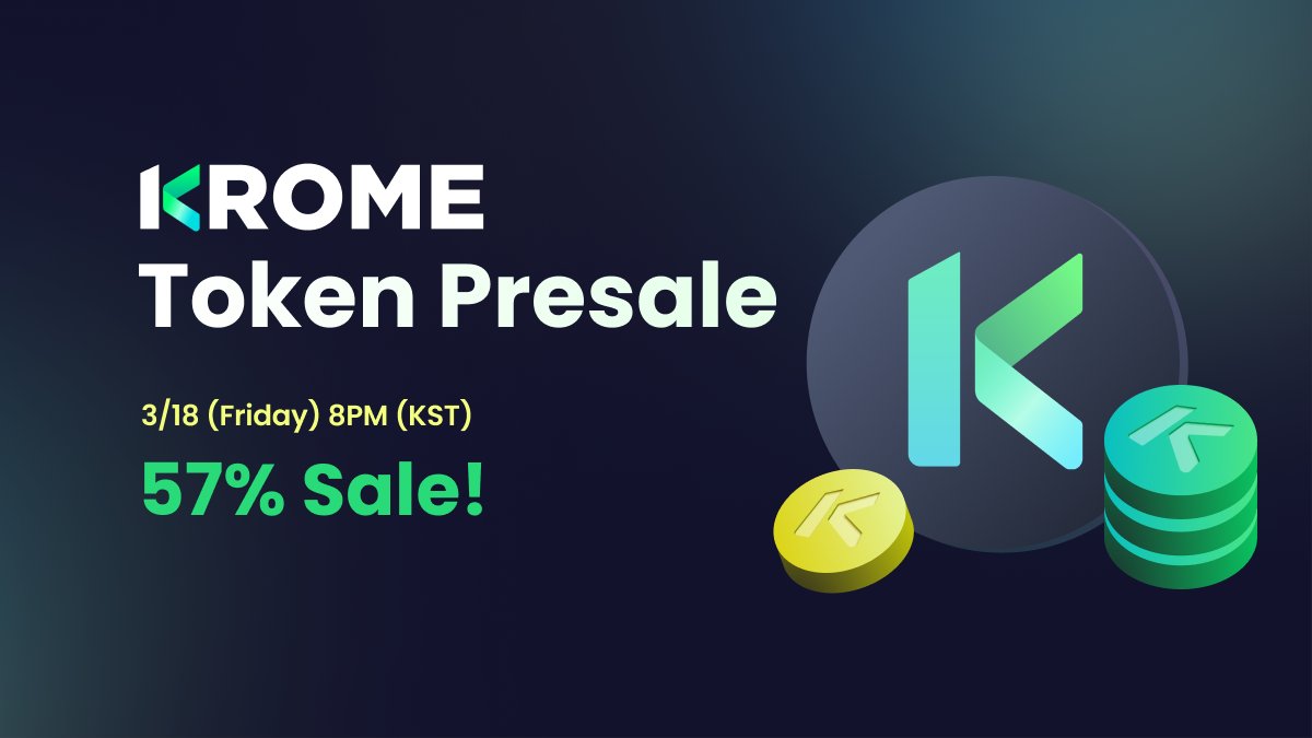 KROME token presale!
Join our Telegram for more information.
t.me/KROMEfinance

When : Mar. 18 (Fri) 8 PM KST
Where :
KROME website: krome.finance
Claimswap Party IDO: app.claimswap.org/party/ido
Amount: 5m KROME
Price: 0.43 KLAY (57% Sale)
#KROME #Claimswap #Klaytn