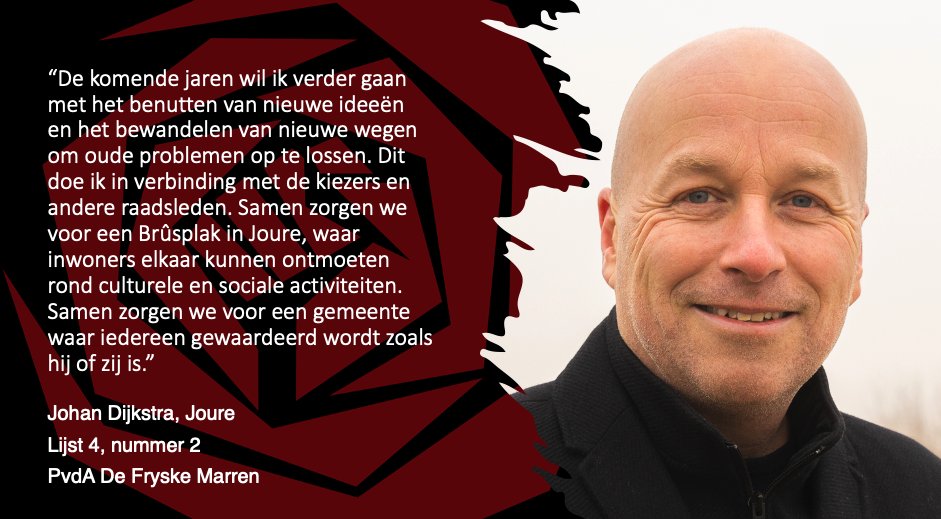 PvdAFrLMarren's tweet photo. Het is de tweede dag dat er gestemd kan worden. Dus stellen we graag nummer 2 op de lijst voor: @Dijkstrajohan ! Deze bruggenbouwer in de raad is Jouster in hart en nieren. #oarsfoarut #PvdA #DeFryskeMarren #joure https://t.co/KGJRtMohwC