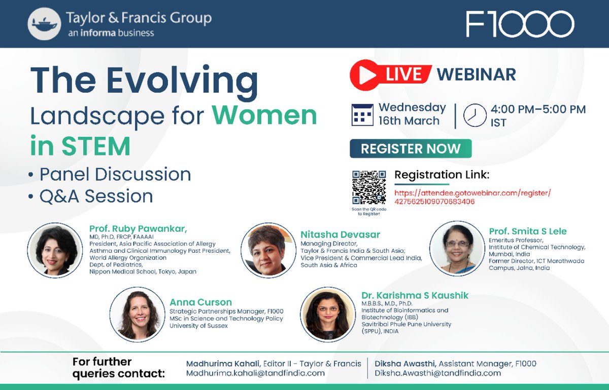 Diksha Awasthi (@dikshaawasthi21) on Twitter photo Don't miss this insightful discussion this Wednesday about the role of women mentors, challenges faced by women in science, and ways to motivate the next generation of women scientists: register.gotowebinar.com/register/42756…
<a href="/F1000Research/">F1000Research</a> <a href="/F1000/">F1000</a> <a href="/tandfonline/">Taylor & Francis Research Insights</a> Don't miss this insightful discussion this Wednesday about the role of women mentors, challenges faced by women in science, and ways to motivate the next generation of women scientists: register.gotowebinar.com/register/42756…
<a href="/F1000Research/">F1000Research</a> <a href="/F1000/">F1000</a> <a href="/tandfonline/">Taylor & Francis Research Insights</a>