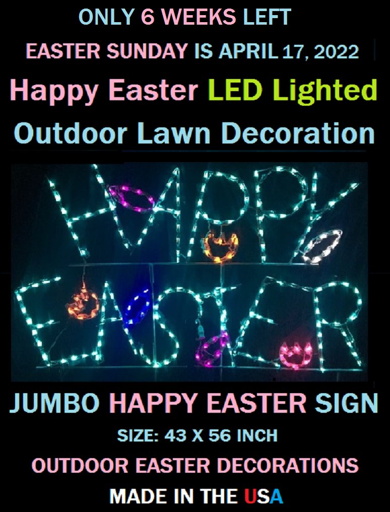 BirthdayDepot's tweet photo. https://t.co/iIhUFrpbxS

Jumbo Lighted Happy Easter Sign

#America #business #Canada #celebration #easterdecorations #easterlawndecoration #EasterLights #easteryarddecoration #eventplanning #forsale #LEDlights #money #outdoorlighting #partylights #StringLights #USA https://t.co/pwklOrVW9K