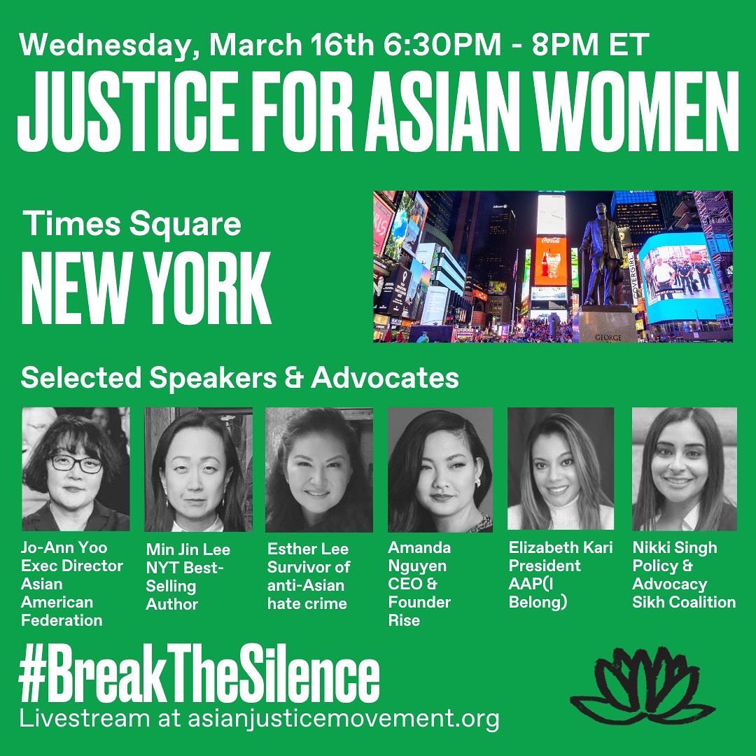minjinlee11's tweet photo. Wednesday, March 16th is the first anniversary of the Atlanta Spa Shootings—a solemn day in American history. Please join me and my brothers and sisters in Times Square in our fight for justice, safety, and peace for all of us. We will not be silent. https://t.co/aKcZzf2zsT