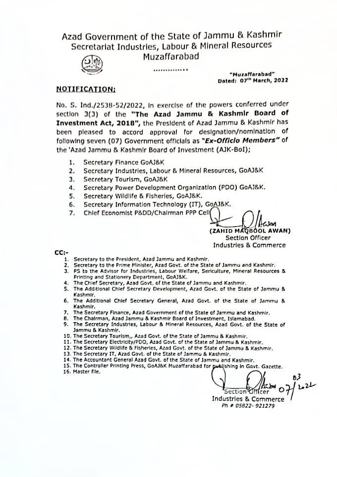 𝐆𝐨𝐯𝐭. 𝐨𝐟 𝐀J&amp;K 𝐜𝐨𝐧𝐬𝐭𝐢𝐭𝐮𝐭𝐞𝐬 𝐧𝐞𝐰 𝐁𝐨𝐚𝐫𝐝 𝐨𝐟 𝐈𝐧𝐯𝐞𝐬𝐭𝐦𝐞𝐧𝐭 𝐜𝐨𝐧𝐬𝐢𝐬𝐭 𝐨𝐟 7 𝐄𝐱-𝐎𝐟𝐟𝐢𝐜𝐢𝐨 𝐚𝐧𝐝 7 𝐍𝐨𝐧-𝐎𝐟𝐟𝐢𝐜𝐢𝐚𝐥 𝐌𝐞𝐦𝐛𝐞𝐫𝐬.
<a href="/AqayyumniaziPTI/">Sardar Abdul Qayyum Niazi</a> <a href="/JSardaramjad/">sardaramjad jalil</a> <a href="/investinpak/">Board of Investment, Pakistan</a> <a href="/BBoIT1/">Balochistan Board of Investment & Trade</a> <a href="/PbitOfficial/">Punjab Board of Investment and Trade</a> <a href="/InvestinKP/">KP-Board of Investment & Trade</a> @SardarTanveerIK