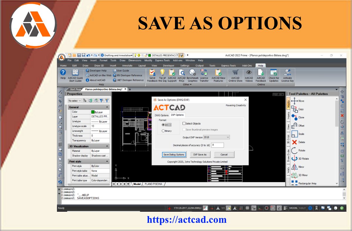 ActCADsoftware's tweet photo. SAVEASOPTIONS in #ActCAD #actcad2022 #Update #intellicad_10_1a #cadsoftware 
Specify the version and the format of the file required and save the entities in the required file format using Save As Options https://t.co/hqBBDjjbfe