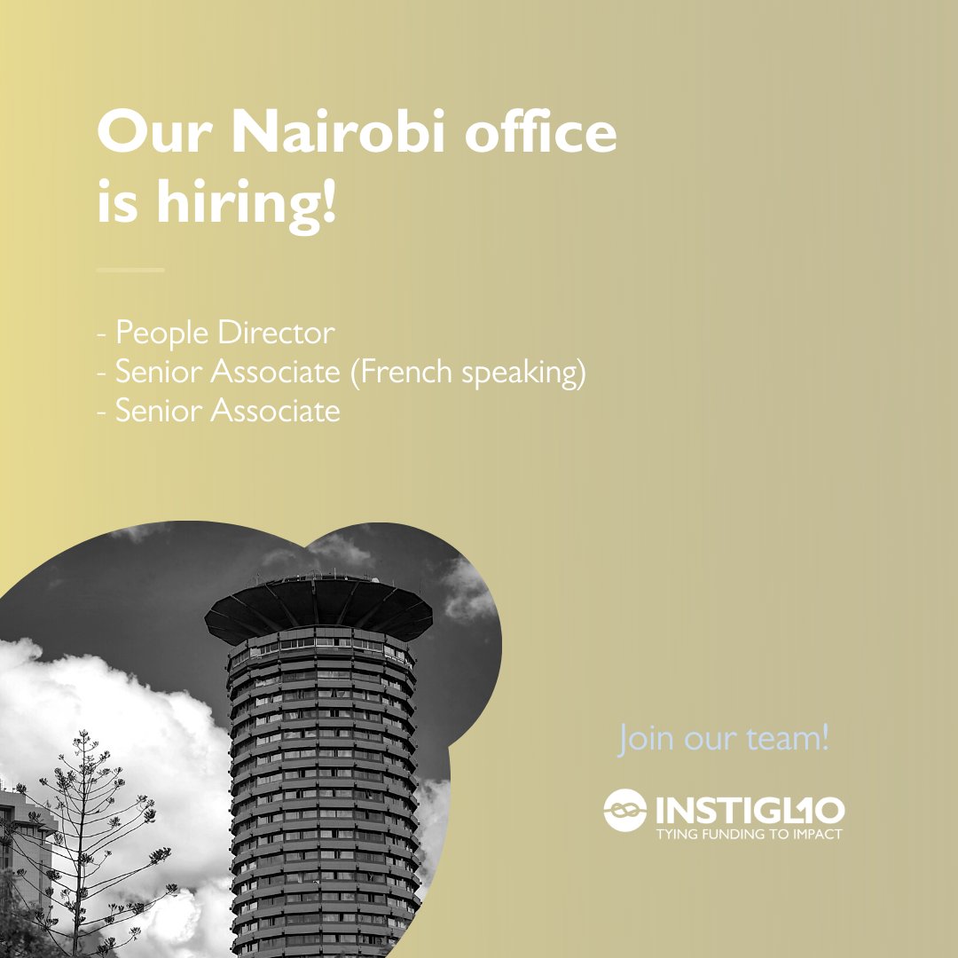 InstiglioInc's tweet photo. Instiglio is looking for a People Director, Senior Associate (French Speaker), Senior Associate to join the team in Nairobi 🌍.
Click here to apply: https://t.co/Zi2QooE5FZ
#WeAreHiring #CareersWithPurpose #DevConsulting #RBF #SystemsStrenghtening #PayforResults #SocialImpact https://t.co/0ftyllkdiT
