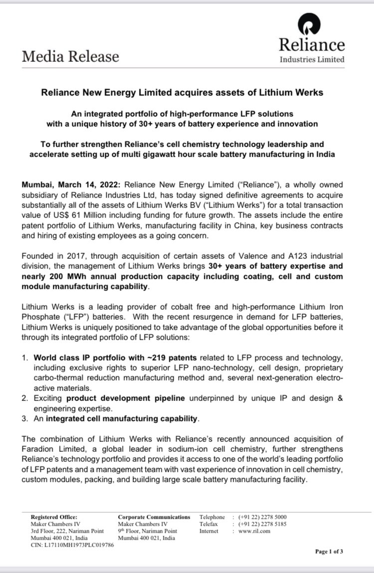 JioFanClub's tweet image. Reliance New Energy Limited acquires assets of Lithium Werks

#Reliance #LithiumWerks #RelianceIndustries