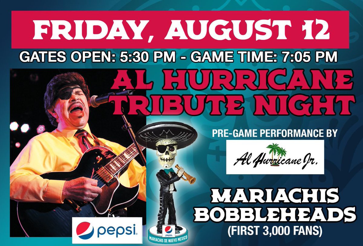 🔶Major Announcement!!!🔶 Join us for Al Hurricane Tribute Night at the <a href="/ABQTopes/">Albuquerque Isotopes</a> on Friday 8/12!! Including a special pre-game performance at 5:30pm by “El Godson” <a href="/AlHurricaneJr/">Al Hurricane, Jr.</a> Come celebrate “El Godfather” with the Hurricane Sound and a great night of baseball at <a href="/ABQTopes/">Albuquerque Isotopes</a>