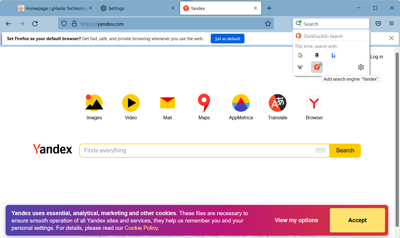Yandex search Firefox