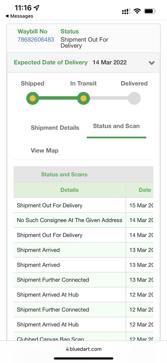 abdulnavas_n's tweet photo. @BlueDartCares @BlueDart_ We will deliver your shipment#78682606483 today. Contactless Delivery no signature will be taken…

This is the today’s sms notification from blue dart, lets see they will delivery or not… 

I don’t have faith, that they will deliver! Hopefully lets see. https://t.co/g8cKnPWVfK