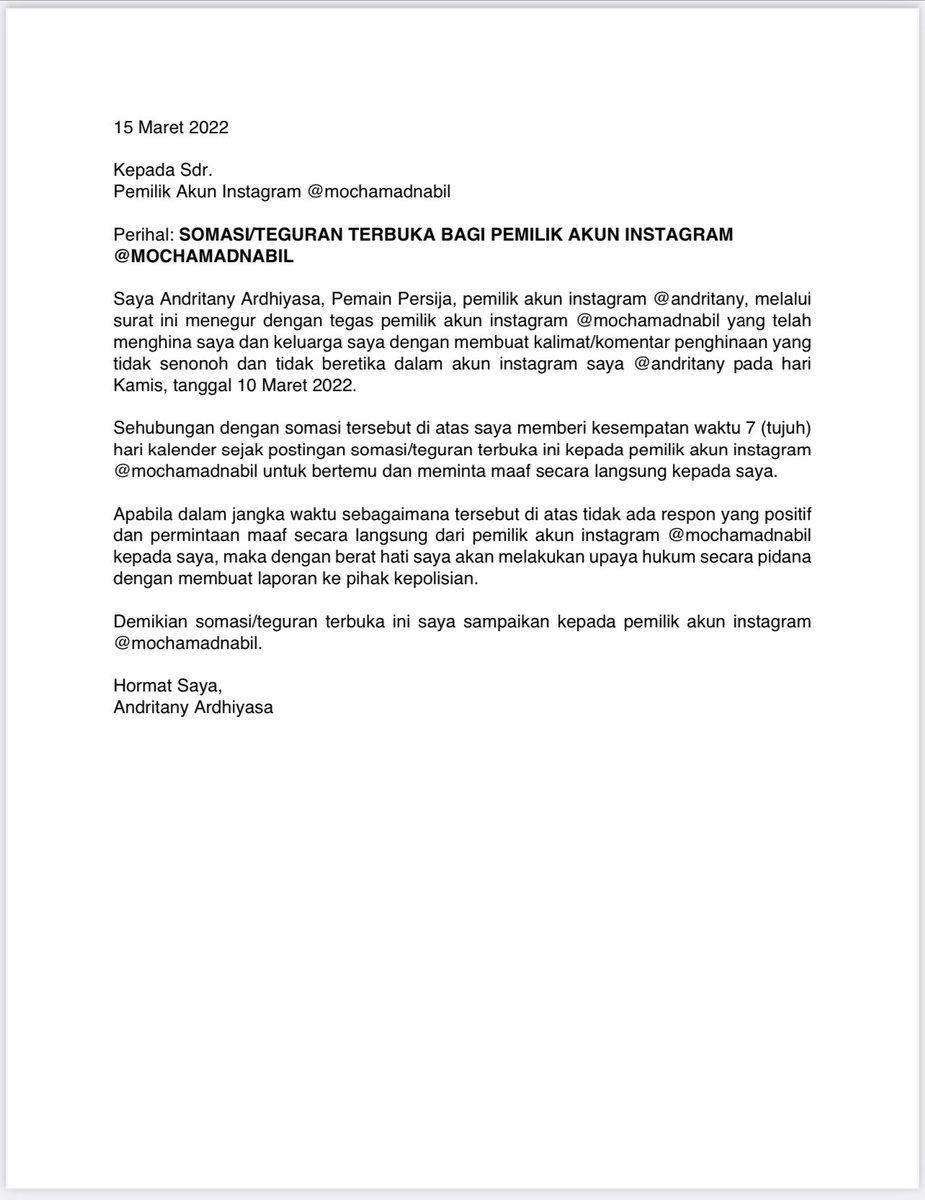 Saya tunggu permintaan maaf secara langsung kepada saya. Jika pihak yang saya maksud melihat postingan saya ini, silahkan DM saya hingga batas waktu yang telah ditentukan. 2/2