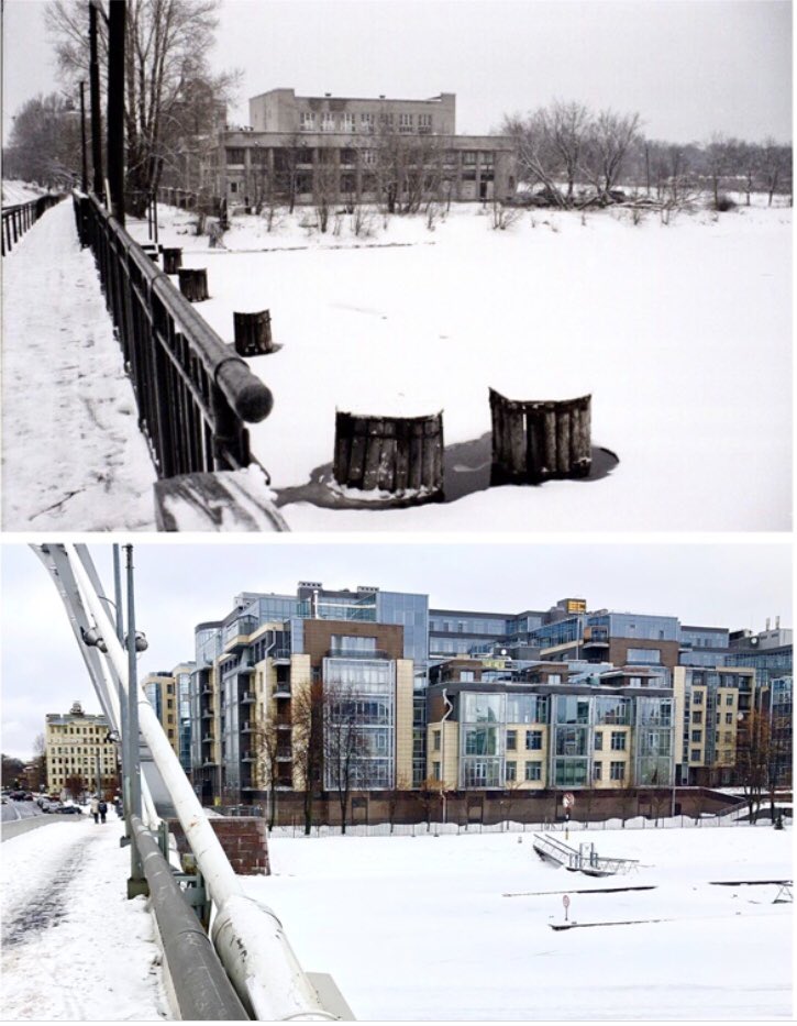 Петербург. Вид с Лазаревского моста на дом 8 по Вязовой улице / Вид с нового Лазаревского моста на дом 10 по Вязовой улице.
1999 и 2022 год.